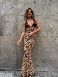 Sexy Lace Patchwork Women Leopard Print Maxi Dress Fashion Deep V-neck Sleeveless Backless Dresses Female High Street Slim Robes 240530