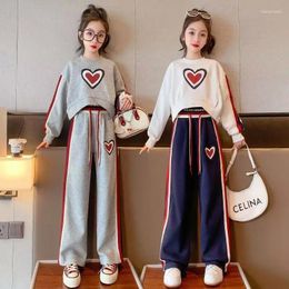 Clothing Sets 2024 Girls Heart Shaped Printed Patchwork Long Sleeved Top Loose Striped Drawstring Pants Two Pieces Spring Autumn 5-14 Yrs