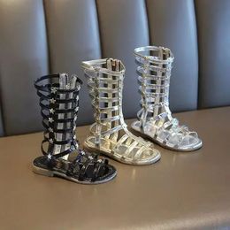 Summer Childrens girls Roman Boots Sandals High Top kids Girl Riveted Open Toe Show Rivet cling boots shoes 240530