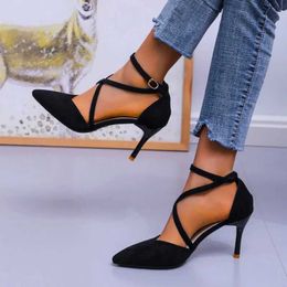 Slippers Summer Womens High-heeled Sandals New Pointy Stilettos Fashion Sexy Cross-strap Black Wedding Shoes Nude Bride Shoes T240530