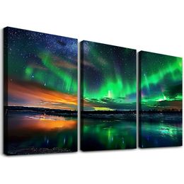 Aurora Canvas Wall Art, zielona i złota aurora z obrazem jeziora obraz Aurora Borealis Poster do salonu wystrój łazienki 12'X16'X3 Panele