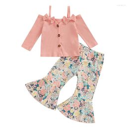 Clothing Sets Baby Girl 2Pcs Fall Outfits Off Shoulder Button Down Tops Flare Pants Set Toddler Clothes