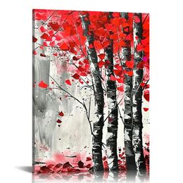 Tree Wall Art,Red and Grey Forest Abstract Canvas Print Nature Scenery Wall Art Landscape Picture for Living Room Bedroom Wall Painting Decoration Modern Artwork