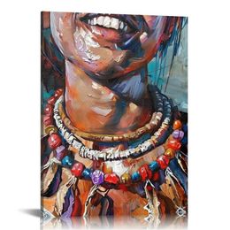 Abstract Native African American Woman Canvas Wall Art Black Girl with Colourful Tribal Necklaces Painting Artwork for Bedroom Modern Home Decor Ready to Hang