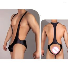 Underpants Mens Sexy Oil Shiny Bodysuit Backless Halter Neck Erotic Lingerie Swimsuit Straps Stretchy High Cut Jumpsuit Hoght Thong