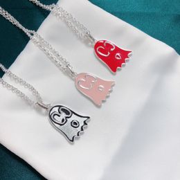 S925 silver ghost and ghost necklace vintage sterling silver epoxy enamel elf pendant necklace men and women silver red pink clavicle c 224Y
