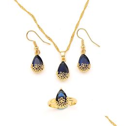 Earrings & Necklace 18K Fine Gold Filled Water Drop Purple Crystal Jewellery Set Pendant Ring Cz Big Rec Gem With Channel D Dhgarden Dhwkl