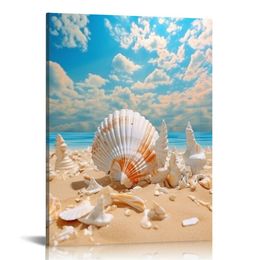 Beach Picture Coastal Wall Art: Sea Starfish and Conch Canvas Print Relaxing Ocean Wave Artwork Decor Seaside Seascape Painting for Bathroom Bedroom Living Room