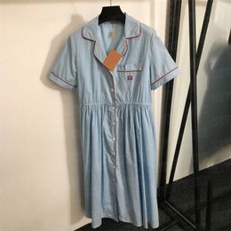 Womens Striped Dresses Embroidered Letter Skirts Summer Short Sleeve Dress Lapel Casual Skirt Vacation Style