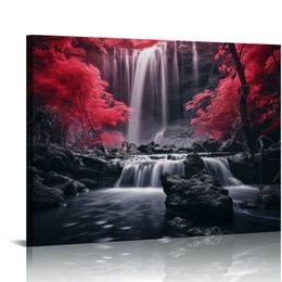 Artmyharbor Waterfall Picture Prints Black and Red Wall Art Autumn Forest Tree Landscape Painting Nature Canvas Artwork for Home Office Bathroom Living Room Decor