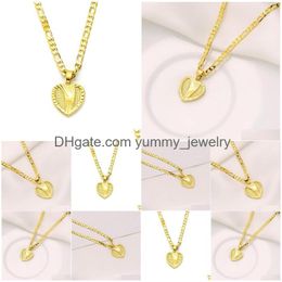 Pendant Necklaces 22K Solid Yellow Fine Gold Finish Grid Heart Italian Figaro Link Chain Necklace Womens The Hearts Bridge Drop Delive Dh0Dz