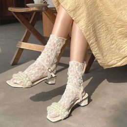 Socks Hosiery Womens Vintage Lace Mesh Lolita Cute Socks Thin Middle Tube Transparent Socks Sweet Breathable Designer Socks d240530