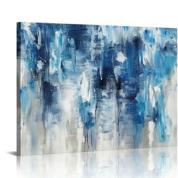 Abstract Wall Art Canvas Picture: Blue and Grey Artwork Modern Painting for Bathroom