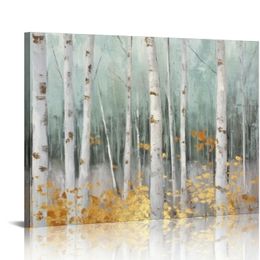 Birch Tree Canvas Wall Art with Gold Foil - Abstract Forest Paintings with Textured - Green Landscape Pictures for Living Room Bedroom Bathroom Decor