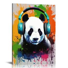 Panda With Headphones Framed Canvas Decoration Banksy Panda Canvas Wall Art Abstract Canvas Crint Living Room Bedroom Decoration Cool Wall Art Office Decoration
