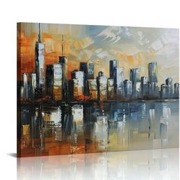 Canvas Wall Art Prints Modern Abstract Cityscape Brooklyn Bridge Painting Stretched and Framed Modern Colourful New York Skyline Buidlings