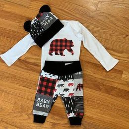 Clothing Sets Toddler Baby Boys Christmas Clothes Outfits 3 PCS Set Long Sleeve Cute Cartoon Bear Printed White Romper Plaid Letters And