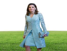 Elegant knee length Mother Of Bride Dresses Suits Short Two Pieces teal Blue Long Sleeves Groom Mother Dress For Wedding Lace Uk A4425086