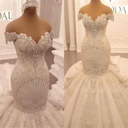 Luxury Appliques Lace Mermaid Wedding Dresses 2022 Princess Off Shoulder Crystal Backless Ruffles cathedral train Arabic Dubai Bridal G 242y