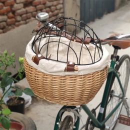Bicycle Front Wicker Woven Basket Bike Handwoven Pet Cat Dog Carrier Bike Storage Basket Cycling Front Handlebars Pannier Bags