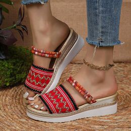 Sommer Ladies Wedge Outdoor Strand Sandalen Böhmische ethnische Stil handgefertigt Espadrilles Plattform Pantoffeln Frauen Flip Flops