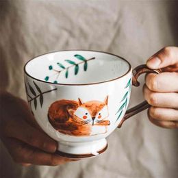 Nordic Style Retro Hand-painted Ceramic Coffee Mug Teacup Home Breakfast Milk Mug Coffee Cups Mug Hand-painted Animal Water Cup 210827 227c
