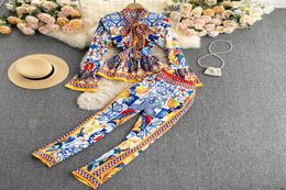 Fashion Elegant Vintage Print Pant Suit Ruffle Blouse Shirt Top And Long Set Women Sets3358587