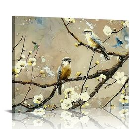 Plum Blossoms Flower Wall Art Canvas Vintage Brown Yellow Floral Traditional Chinese Print Framed Modern Wall Picture for Home Living Room Bedroom Decor