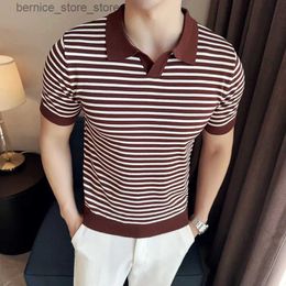 Men's Sweaters Mens Casual Striped Short Sleeve Top Stretch Knitted T-shirt Slim Fit Retro Lapels Sweater Polo Shirt Fashion 2024 Q240530