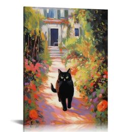 Vintage Monet Garden Cat Canvas Wall Art Famous Monet Flowers Black Cat Poster Funny Floral Print Farmhouse Gallery Aesthetic Room Decor for Bedroom Bathroom