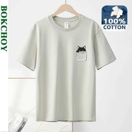 Men's T-Shirts 2024 Summer New Pure Cotton Cat Print Mens T-shirt Short sleeved Casual Solid Colour Thin Mens Top BOK0121 J240530