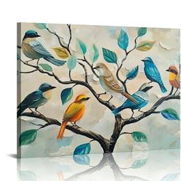 Square Canvas Wall Art Colourful Birds on Tree Branches Painting Printed on Contemporary Home Bedroom Decoration Wrapped Ready to Hang Each