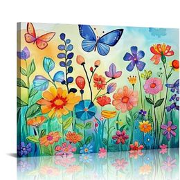 Butterfly Canvas Wall Art Colourful Wildflower Wall Decor Flower Picture Poster Abstract Floral Paintings for Bathroom Living Room Home Decorations