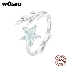 Couple Rings WOSTU 925 Sterling Silver Transparent Green Crystal Flower Opening Ring Womens Handmade Leaf Design Stackable Ring Girl Party Gift S245309