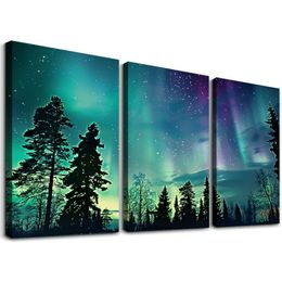 Aurora canvas väggkonst norrsken trycker målning skog träd landskap bild stora gröna konstverk för heminredning inramad 12''x16''x3 paneler
