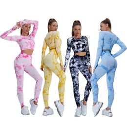 Die Dye Woman 2pcs Yoga GYM Set Sports BraLong Sleeve Tshirt Waisted Leggings Workout Suit Fashion Girls Fitness Tracksuit 240530