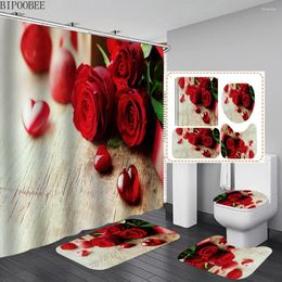 Shower Curtains Red Rose Pattern Toilet Lid Cover Bath Mats Rugs Valentine's Day Fabric Waterproof Bathroom Curtain Set