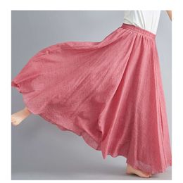 Designer's New Summer Art Loose Size Cotton and Hemp Half Skirt Elastic Waist A-line Long Skirt Solid Colour Pleated Large hem SkirtEDWT