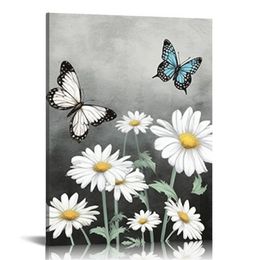 Daisy Wall Art Flower and Butterfly Painting Inspirational Quotes Canvas Print Picture Floral Artwork Framed for Home Kitchen Bedroom Bathroom Decor Grey Blue