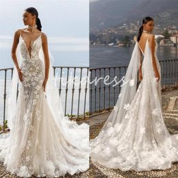Chic Mermaid Wedding Dresses 2024 With Wing Straps 3D Floral Appliques Deep V Neck Backless Beach Bridal Gowns Illusion Sweep Train Celtic Gatsby Boho Robe De Mariage
