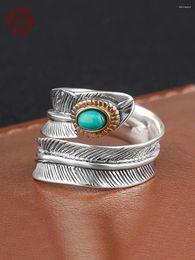 Cluster Rings S925 Sterling Silver Feather Ring Fashion Vintage Set Turquoise Men's And Women's Open Jewellery Gift Factory Price