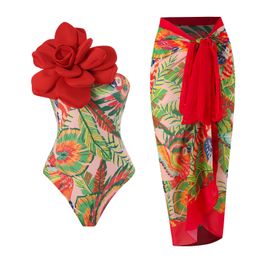 2024 New One Piece Swimsuit Women Swimwear 3D Big Flower Decorative Printed Swimsuit Monokini Sexy Swimwear Girls Summer Beach