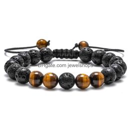 Beaded 8Mm Stone Tiger Eye Lava Rock Strand Bracelet Relief Yoga Beads Adjustable Bracelets Anxiety Aromatherapy Essential Oil Diffus Dhpet