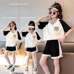 Clothing Sets Summer Clothes Set For Children Girls Fashion V Neck T-shirts And Shorts 2pcs Suit Teenage Lapel Top Bottom Outfits Tracksuits
