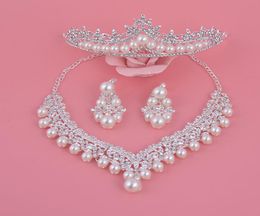Bride Crystal Pearl Costume jewelry sets New Design Rhinestone Choker Necklace Earrings Tiara Bridal Women Wedding Jewelry Set5605470
