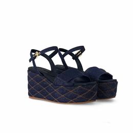 2024 Ladies New Style leather Wedge high heel sandals Pine cake thick bottom slipper open peep-toes Platform one line Jean Denim Europe and America SHOES siz 34-43