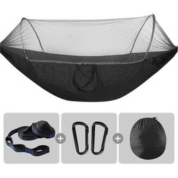 Hammocks REYTORRM 250*120cm Outdoor Camping Nylon Hammock With Mosquito Net Single Double Automatic Quick-open Pole H240530 O9OO