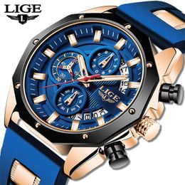 LIGE Fashion Mens Watches Top Brand Luxury Silicone Sport Watch Men Quartz Date Clock Waterproof Wristwatch Chronograph 210804 214f