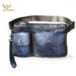 Waist Bags Luxury Original Leather Men's Design Motorcycle Fanny Belt Bag Pack Fashion Travel 7" Phone Case Pouch Male
