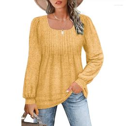 Women's T Shirts 2024 Spring Summer Clothing Solid Color Square Collar Long-Sleeved T-shirt Pleated Lantern Sleeve Loose Top